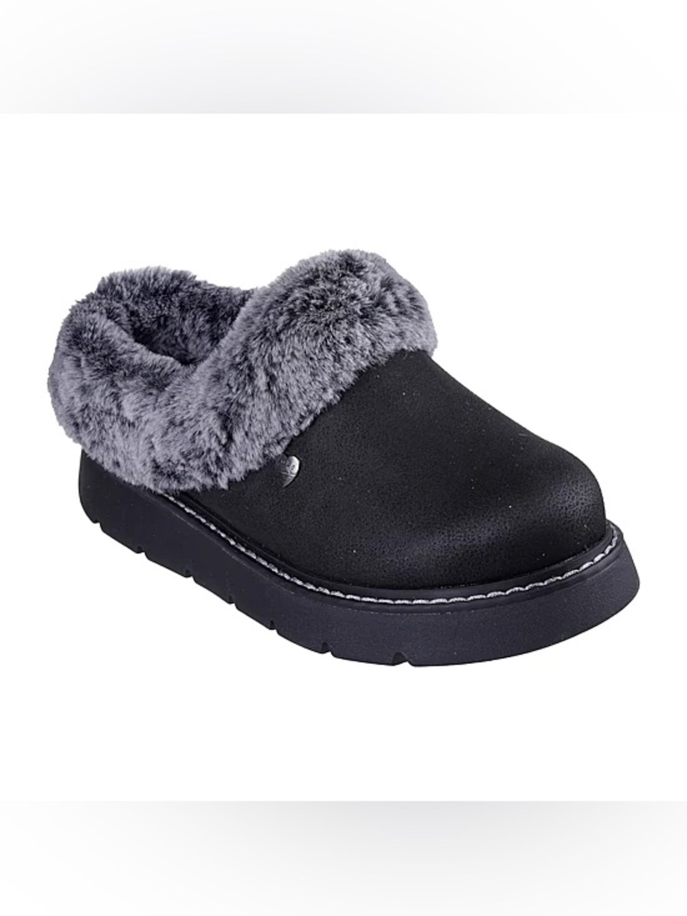 BOBS from Skechers Black Slip-On Dog Slippers with Gray Faux Fur